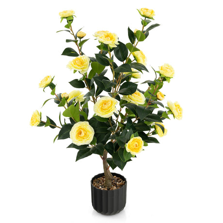 Árbol artificial de camelia de 38 pulgadas, planta de flores falsas en maceta de cemento