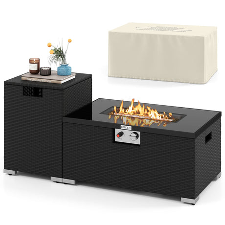 Juego de 2 piezas de mesa de fuego de ratán para exterior, fogón de gas rectangular de 32 pulgadas con cubierta para el tanque