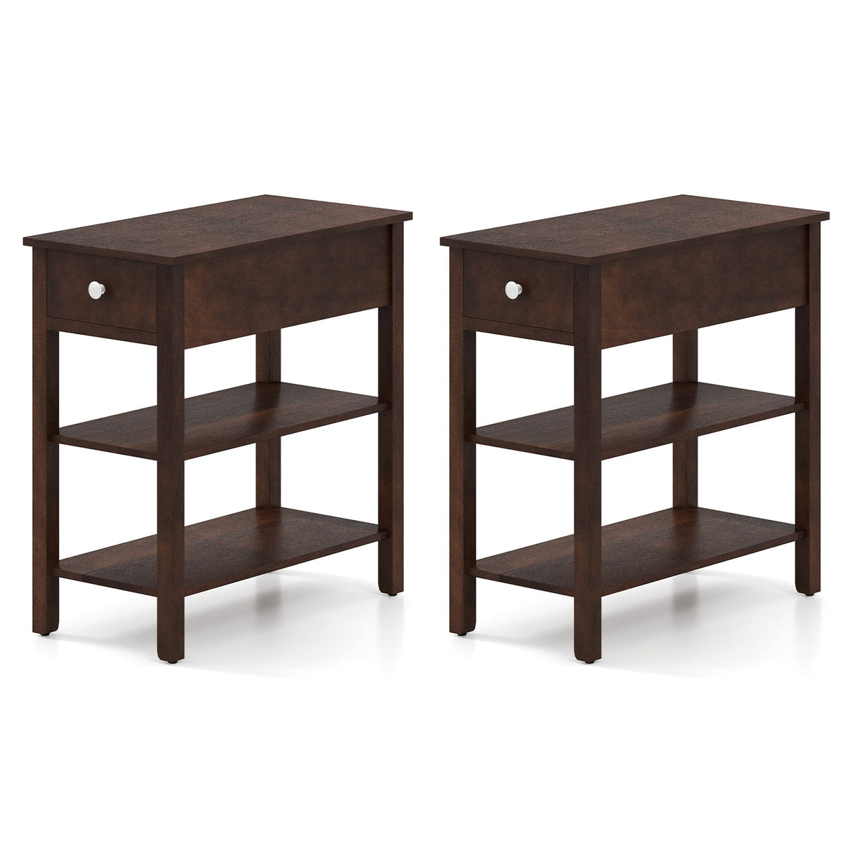 3-Tier Narrow End Table with Drawer and Storage Shelves Set of 2