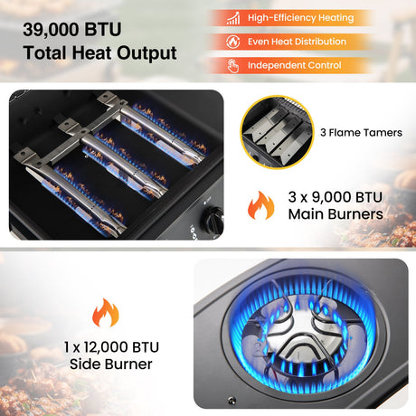 Quemador para exteriores de 39 000 BTU, parrilla de propano sobre ruedas - Negro