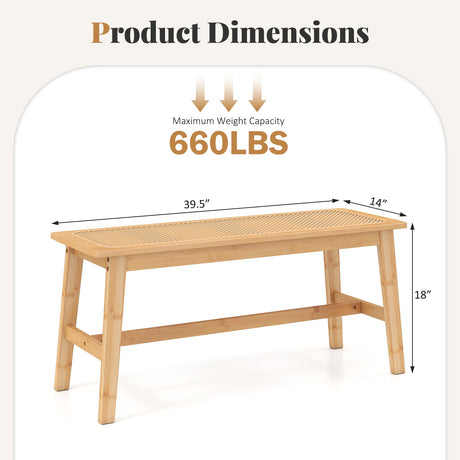 Banco de comedor de bambú de 39.5 pulgadas con asiento de ratán tejido a mano para interiores y exteriores - Natural