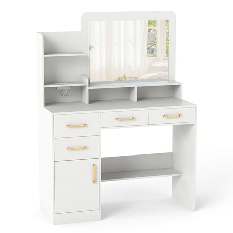 Tocador de 39.5 pulgadas con tomas de corriente y espejo para dormitorio - Blanco