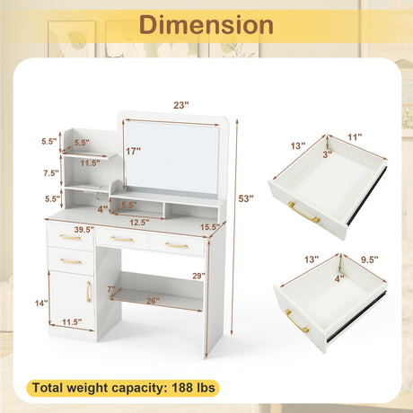 Tocador de 39.5 pulgadas con tomas de corriente y espejo para dormitorio - Blanco