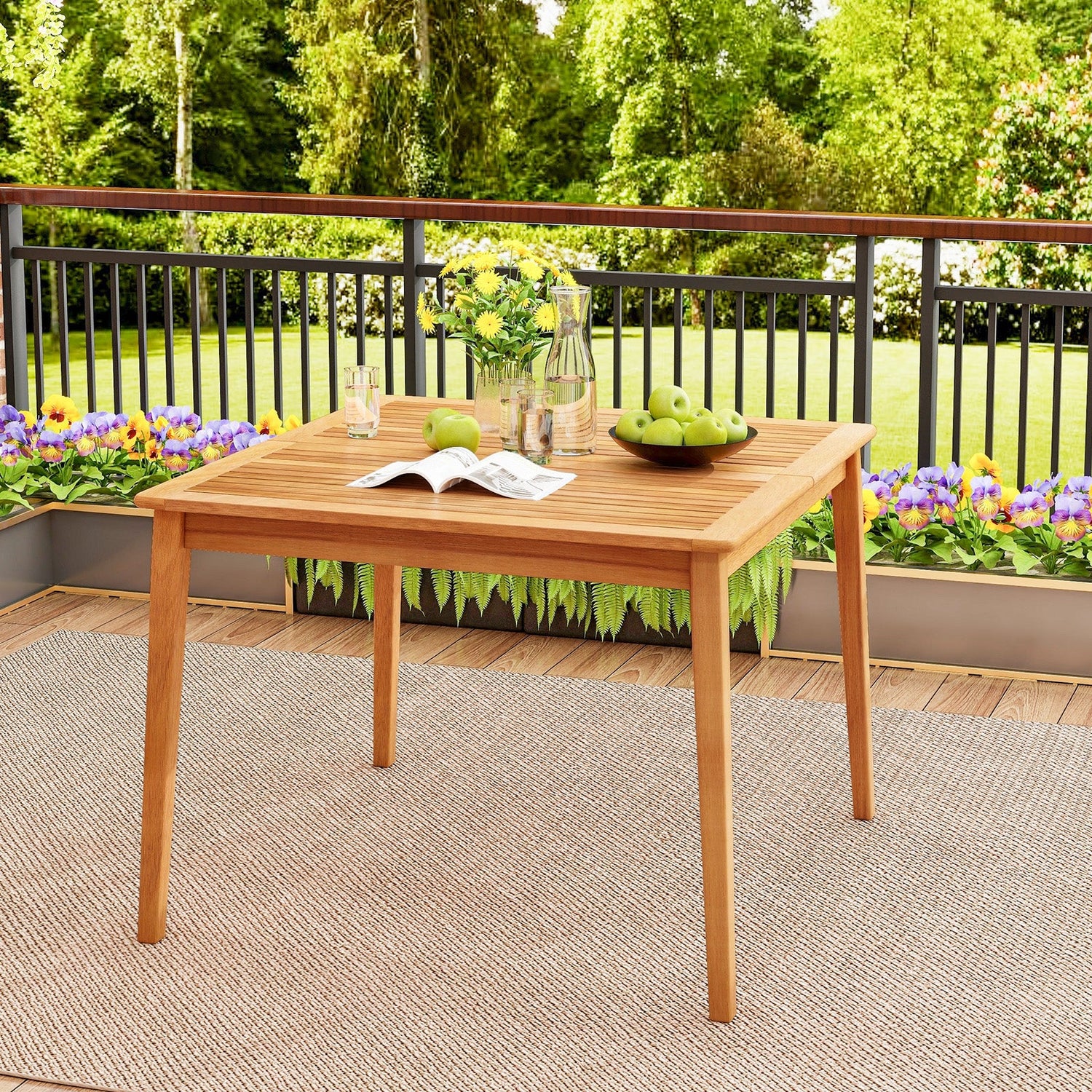 Mesa Bistro Cuadrada de Comedor de Madera de Acacia de 40 Pulgadas con Agujero para Sombrilla de 1.96 Pulgadas