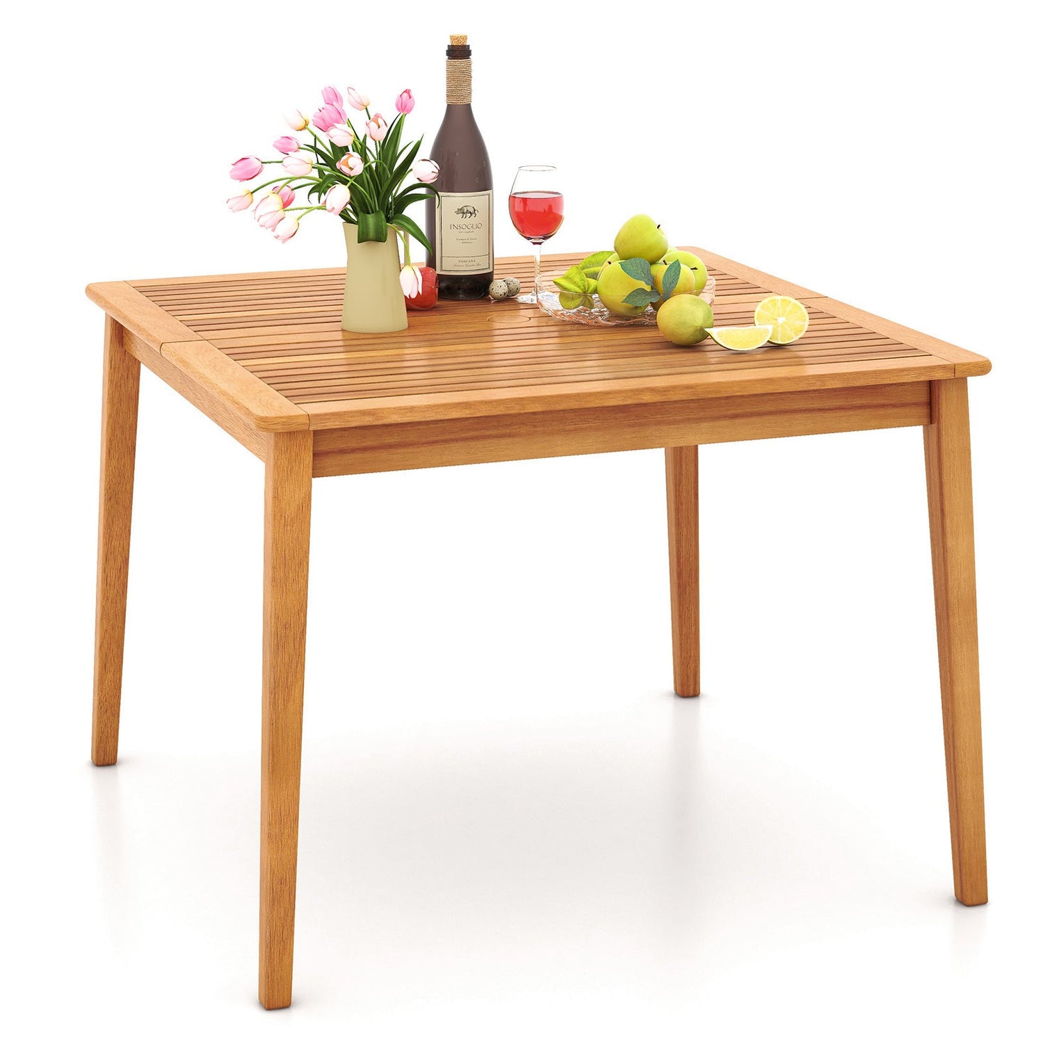 Mesa Bistro Cuadrada de Comedor de Madera de Acacia de 40 Pulgadas con Agujero para Sombrilla de 1.96 Pulgadas