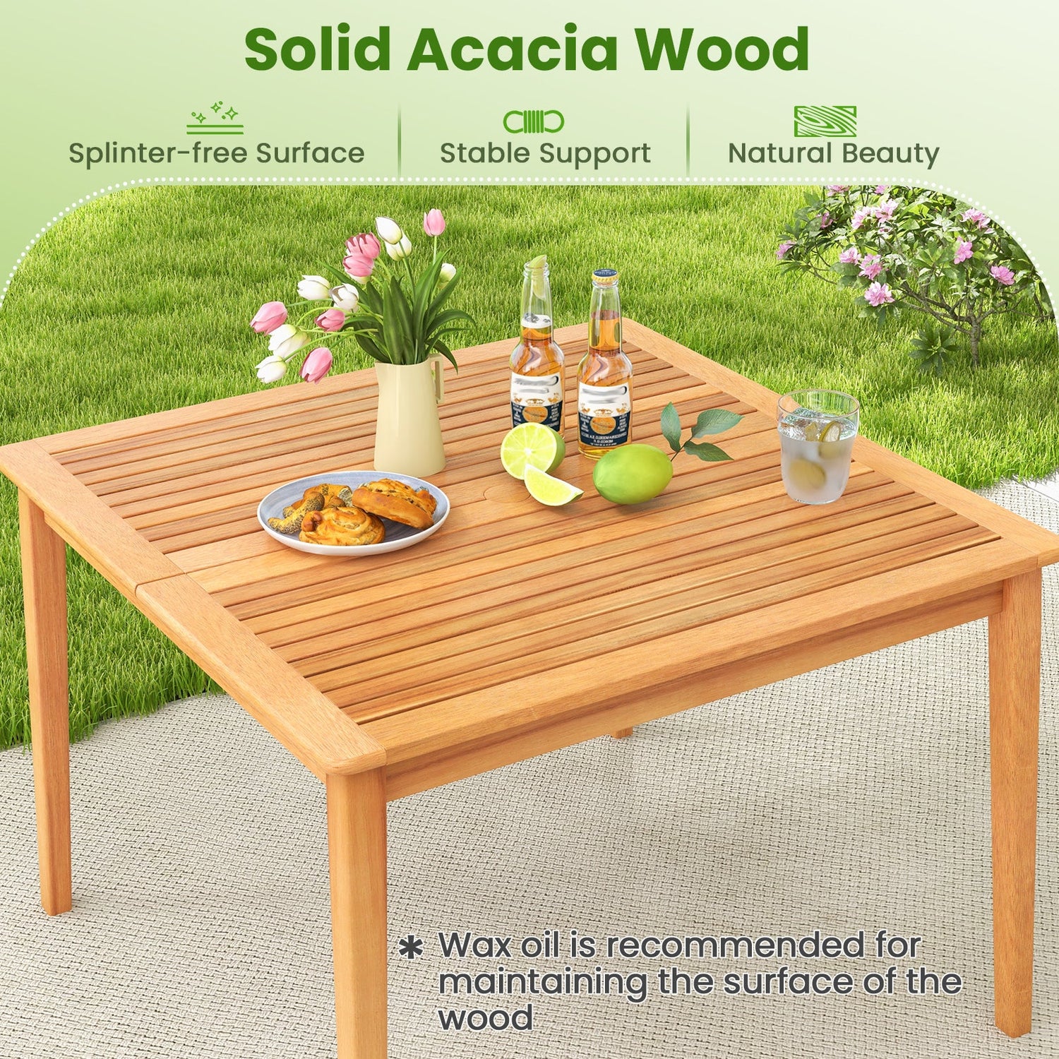 Mesa Bistro Cuadrada de Comedor de Madera de Acacia de 40 Pulgadas con Agujero para Sombrilla de 1.96 Pulgadas