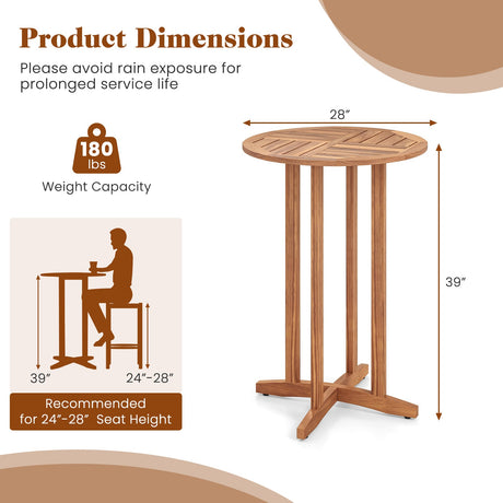 Mesa de bar de exterior de madera de acacia de 39 pulgadas con tablero de listones