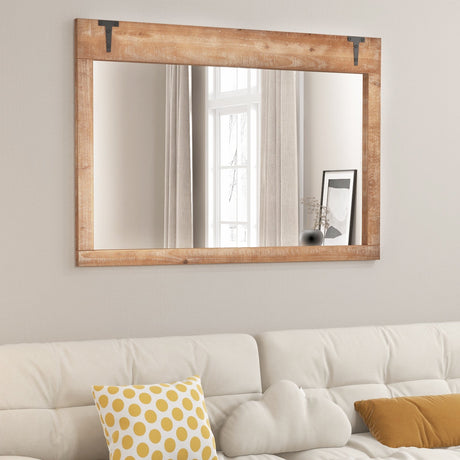 Espejo de pared rústico de puerta de granero estilo casa de campo de 39 x 27.5 pulgadas con marco de madera - Natural