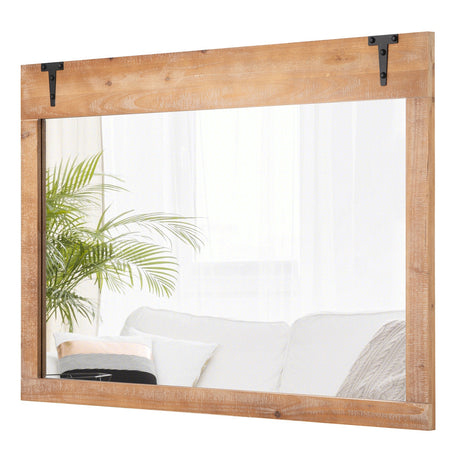 Espejo de pared rústico de puerta de granero estilo casa de campo de 39 x 27.5 pulgadas con marco de madera - Natural
