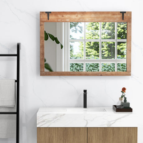Espejo de pared rústico de puerta de granero estilo casa de campo de 39 x 27.5 pulgadas con marco de madera - Natural