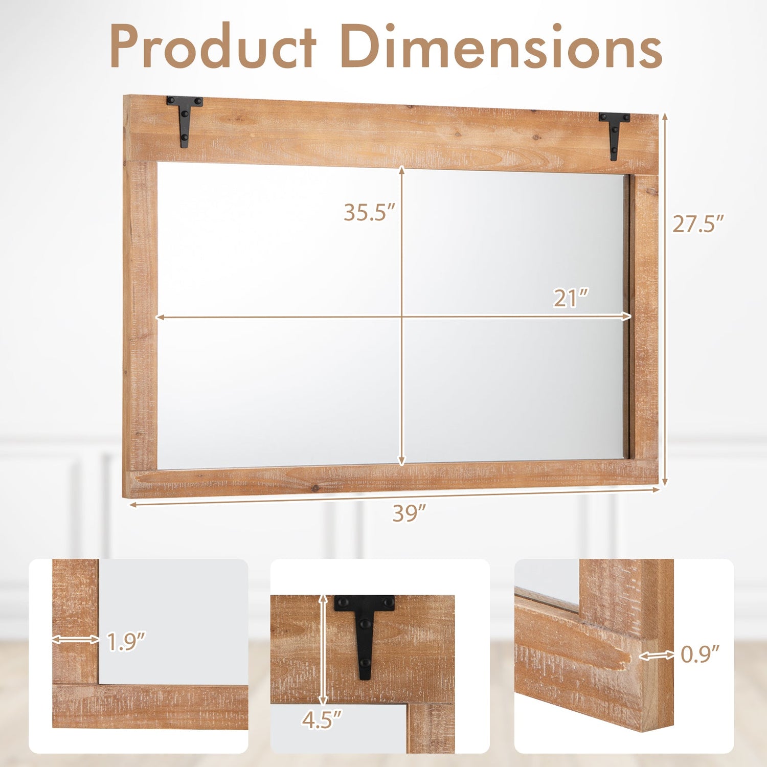 Espejo de pared rústico de puerta de granero estilo casa de campo de 39 x 27.5 pulgadas con marco de madera - Natural