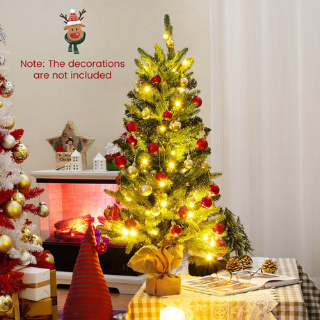 Mini árbol de Navidad artificial preiluminado de 3 pies, árbol de Navidad de mesa con base de arpillera