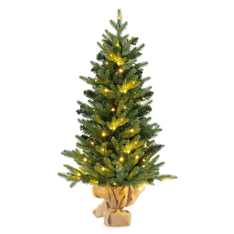 Mini árbol de Navidad artificial preiluminado de 3 pies, árbol de Navidad de mesa con base de arpillera