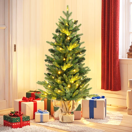 Mini árbol de Navidad artificial preiluminado de 3 pies, árbol de Navidad de mesa con base de arpillera