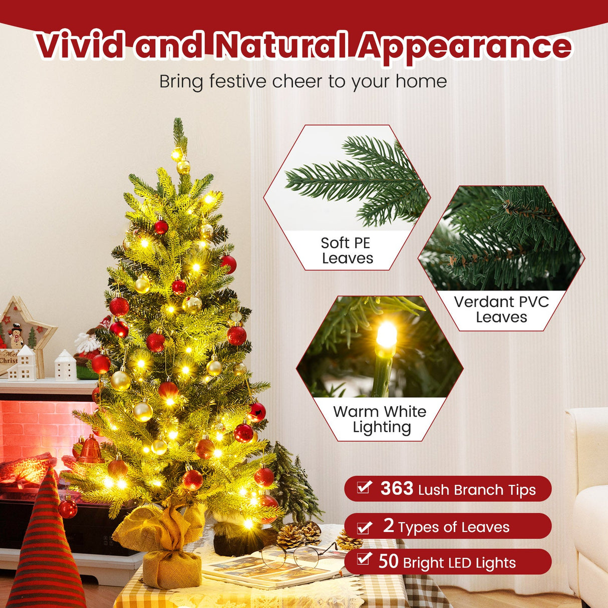 Mini árbol de Navidad artificial preiluminado de 3 pies, árbol de Navidad de mesa con base de arpillera