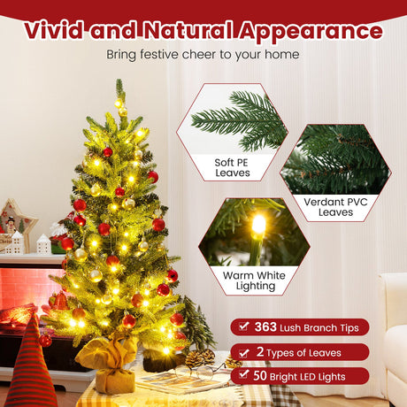 Mini árbol de Navidad artificial preiluminado de 3 pies, árbol de Navidad de mesa con base de arpillera