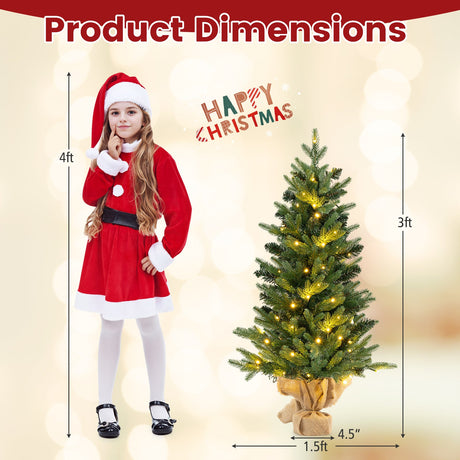 Mini árbol de Navidad artificial preiluminado de 3 pies, árbol de Navidad de mesa con base de arpillera