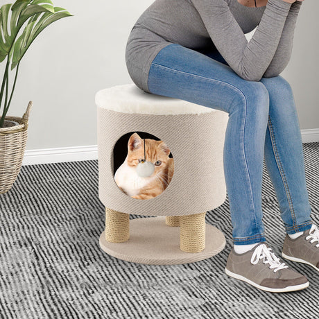 Taburete Condo para Gatos 3 en 1 Cama para Gatitos con Postes Rascadores y Pelota de Peluche