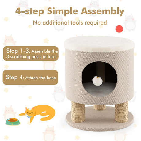 Taburete Condo para Gatos 3 en 1 Cama para Gatitos con Postes Rascadores y Pelota de Peluche