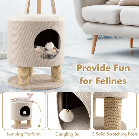 Taburete Condo para Gatos 3 en 1 Cama para Gatitos con Postes Rascadores y Pelota de Peluche