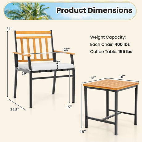 Juego de muebles de exterior de 3 piezas de madera de acacia con cojines - Blanco