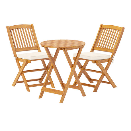 Juego de bistró plegable de 3 piezas de madera de acacia con cojines suaves