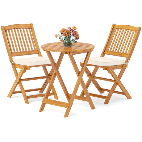 Juego de bistró plegable de 3 piezas de madera de acacia con cojines suaves