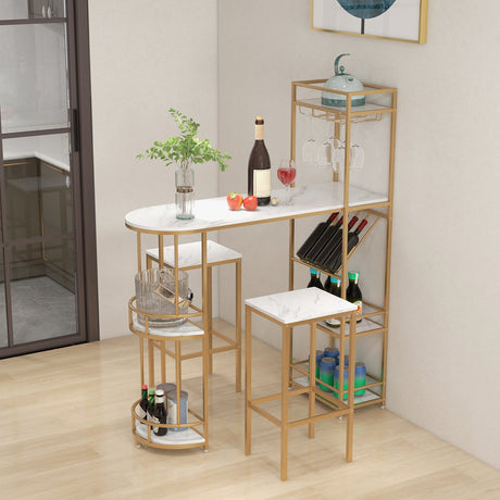 Juego de mesa de bar de 3 piezas con estantes de almacenamiento y botellero-Dorado