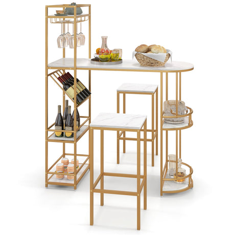 Juego de mesa de bar de 3 piezas con estantes de almacenamiento y botellero-Dorado