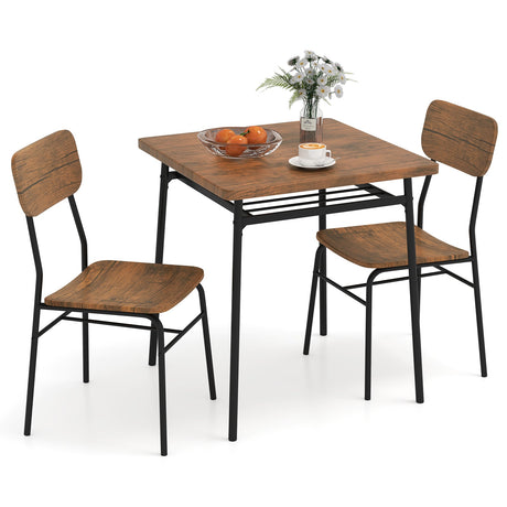 Juego de comedor de 3 piezas para 2 personas, mesa cuadrada de madera con estructura de metal - Marrón