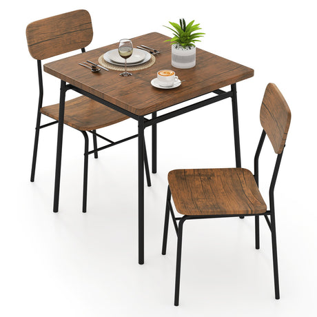 Juego de comedor de 3 piezas para 2 personas, mesa cuadrada de madera con estructura de metal - Marrón
