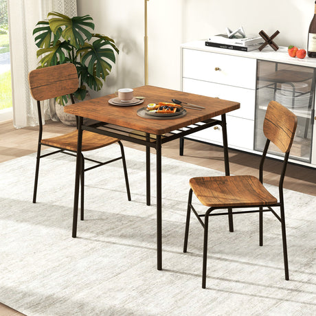 Juego de comedor de 3 piezas para 2 personas, mesa cuadrada de madera con estructura de metal - Marrón