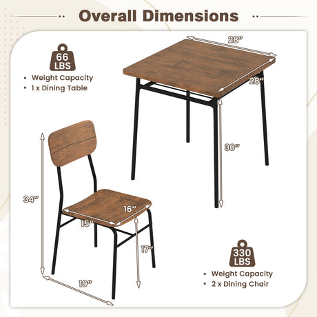 Juego de comedor de 3 piezas para 2 personas, mesa cuadrada de madera con estructura de metal - Marrón