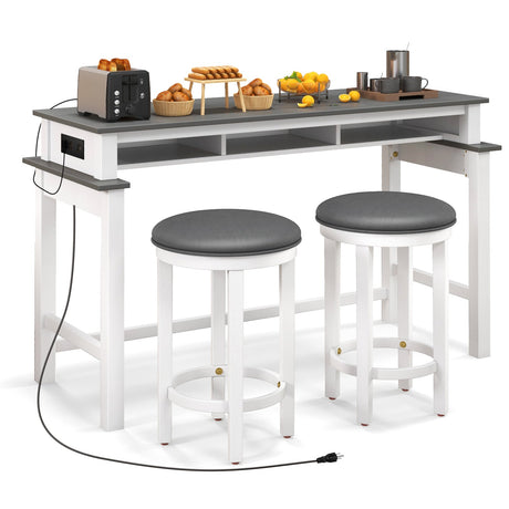 Juego de bar de 3 piezas con 2 taburetes tapizados, tomas de corriente y puertos USB