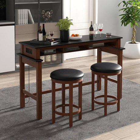 Juego de bar de 3 piezas con 2 taburetes tapizados, tomas de corriente y puertos USB
