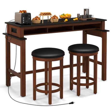 Juego de bar de 3 piezas con 2 taburetes tapizados, tomas de corriente y puertos USB