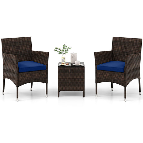 Juego de conversación de 3 piezas para exteriores con asientos acolchados y mesa con tablero de cristal