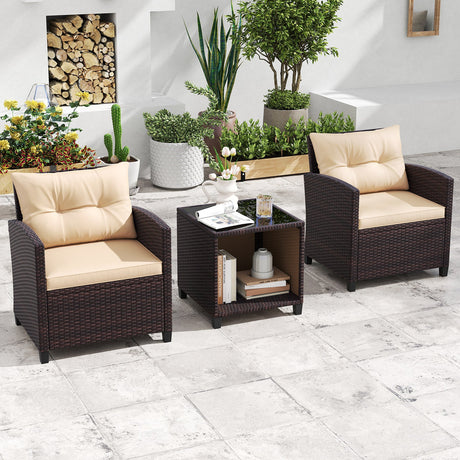 Juego de sofá de patio de 3 piezas, sillas de mimbre y mesa de centro con almacenamiento-Beige