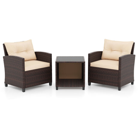 Juego de sofá de patio de 3 piezas, sillas de mimbre y mesa de centro con almacenamiento-Beige