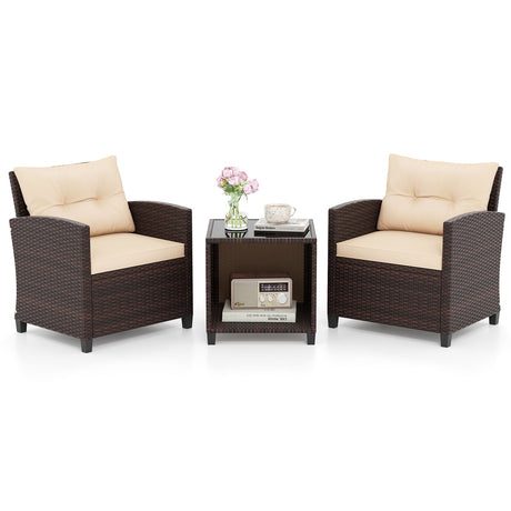 Juego de sofá de patio de 3 piezas, sillas de mimbre y mesa de centro con almacenamiento-Beige