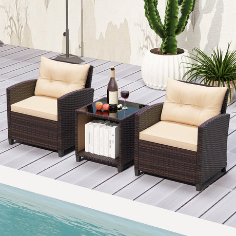 Juego de sofá de patio de 3 piezas, sillas de mimbre y mesa de centro con almacenamiento-Beige