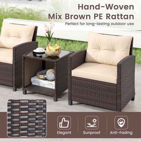 Juego de sofá de patio de 3 piezas, sillas de mimbre y mesa de centro con almacenamiento-Beige