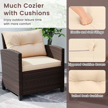 Juego de sofá de patio de 3 piezas, sillas de mimbre y mesa de centro con almacenamiento-Beige