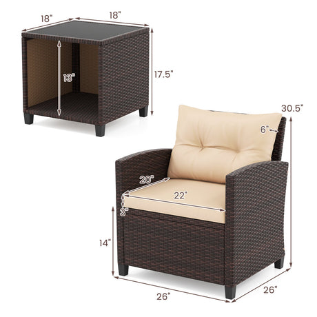 Juego de sofá de patio de 3 piezas, sillas de mimbre y mesa de centro con almacenamiento-Beige