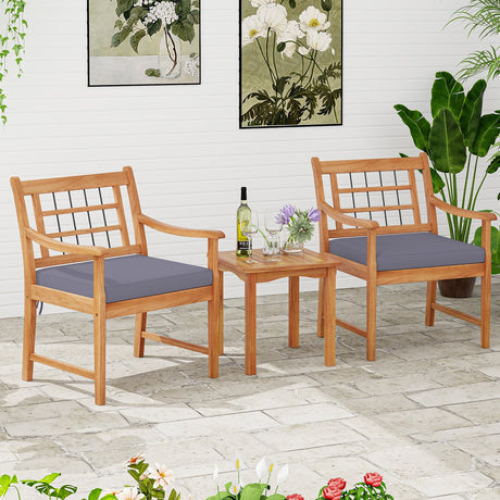 Juego de muebles de patio de madera de 3 piezas con cojines de asiento y estructura de madera de acacia