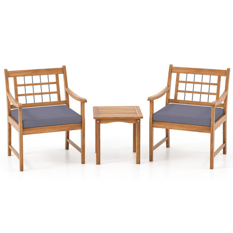 Juego de muebles de patio de madera de 3 piezas con cojines de asiento y estructura de madera de acacia