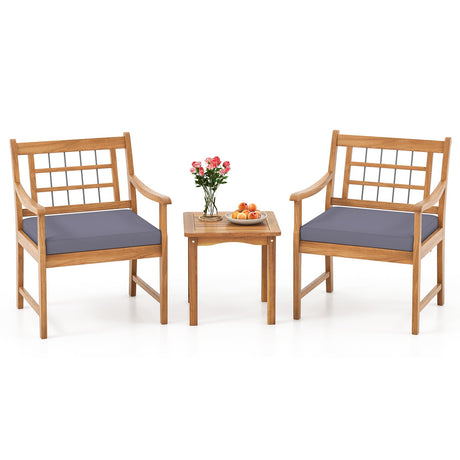 Juego de muebles de patio de madera de 3 piezas con cojines de asiento y estructura de madera de acacia