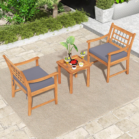 Juego de muebles de patio de madera de 3 piezas con cojines de asiento y estructura de madera de acacia