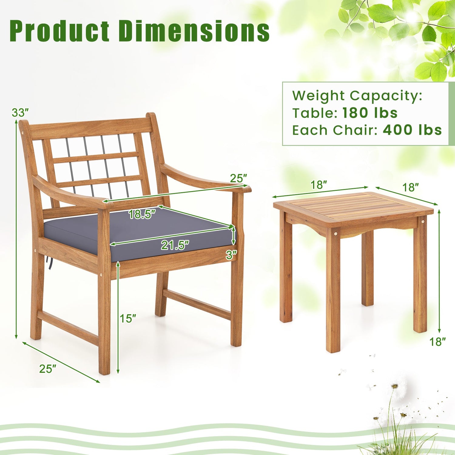 Juego de muebles de patio de madera de 3 piezas con cojines de asiento y estructura de madera de acacia
