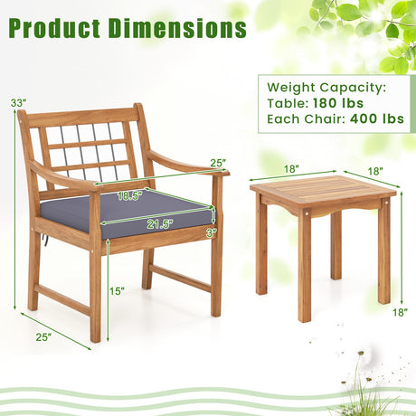 Juego de muebles de patio de madera de 3 piezas con cojines de asiento y estructura de madera de acacia